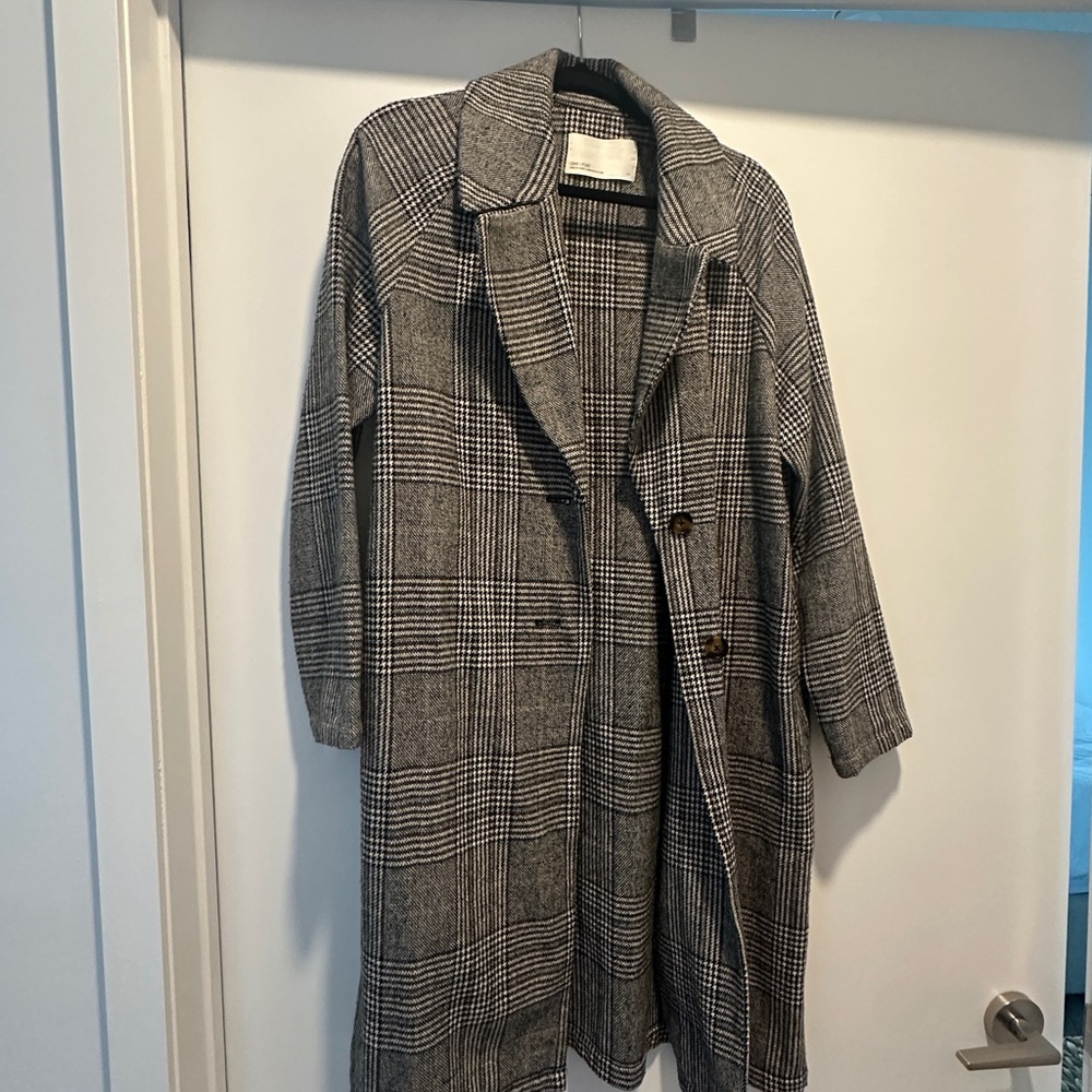 OAK + FORT Gray Plaid Long Trench Coat